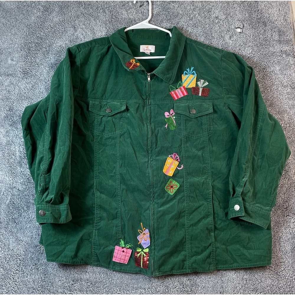 Quaker Factory Christmas Corduroy Shirt 3X Full Zip Green Embroidered Presents